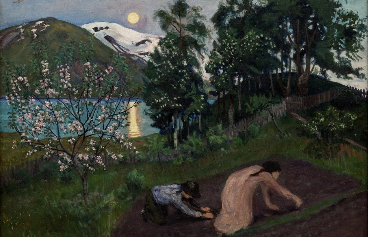 Maleri av Nikolai Astrup som viser to personer som graver i en hage. Det er natt og vi ser månen over fjellene i bakgrunnen.