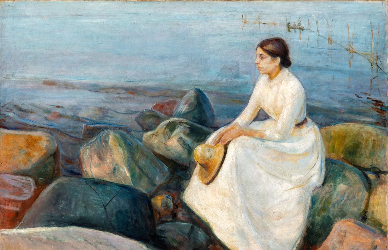 Maleriet Inger på stranden av Edvard Munch viser kunstnerens søster, sittende på store steiner i sjøkanten, kledd i en lang hvit kjole. Hun stirrer utover horisonten og holder en stråhatt i hendene.