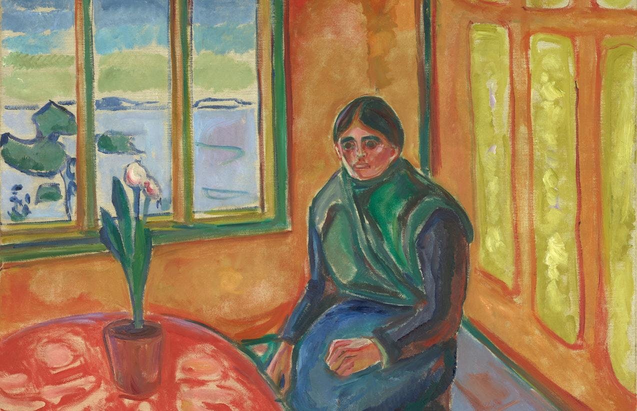 Et maleri som viser en kvinne som sitter ved et blodrødt bord med en enslig potteplante.