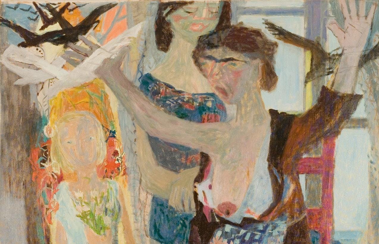 Et maleri i grove strøk som viser en kvinne som roper, med ene brystet ute og et spedbarn liggende på fanget. Rundt henne står og sitter to unge jenter.