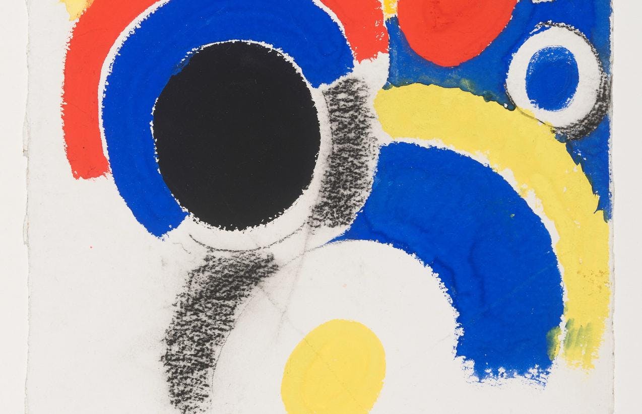 Et abstrakt motiv av Sonia Delaunay, på bakgrunn av hvitt papir, i blått, gult, sort og rødt