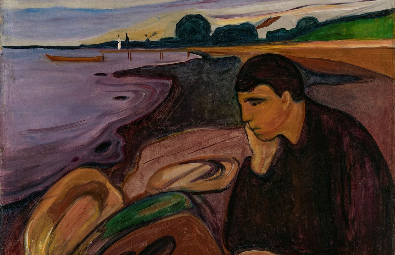 Maleri av Edvard Munch, hvor vi ser en mann sitte med hodet hvilende i ene hånden, i en strandkant