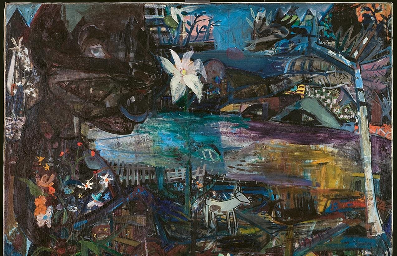 Et fargerikt abstrakt maleri med ulike blomsterformer rundt noe som ligner en innsjø.