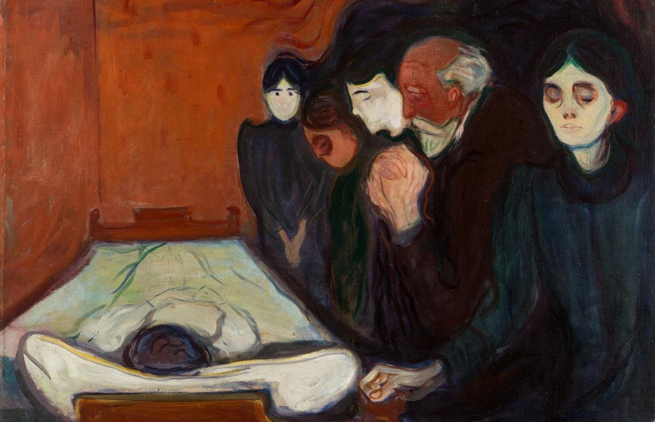Et maleri av Edvard Munch som viser en gruppe sørgmodige mennesker ved siden av en seng, hvor det ligger en døende person oppi.